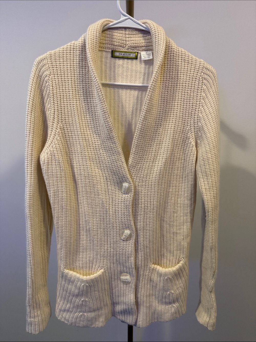 Thalian 100% Cashmere Chunky Knit Cardigan Ivory Small Vintage Style